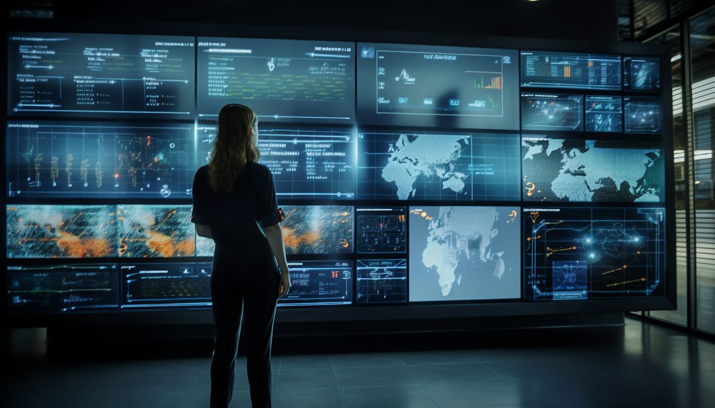 Engineer reviewing live infrastructure data on a large display wall